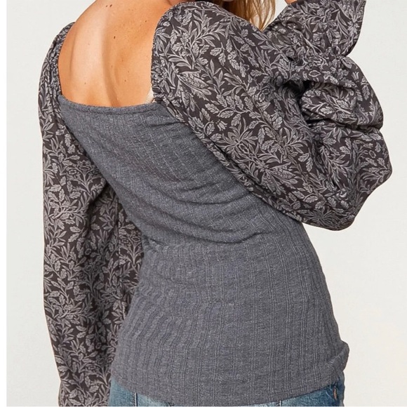 Charcoal Gray Slim Fit Ribbed Off the Shoulder Bubble Floral Sleeve Top, M - Picture 4 of 4